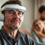 Hombre con ELA usando dispositivo de IA de voz por seguimiento ocular, mostrando esperanza al comunicarse con su familia.