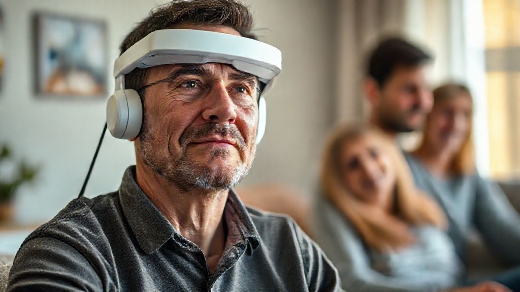 Hombre con ELA usando dispositivo de IA de voz por seguimiento ocular, mostrando esperanza al comunicarse con su familia.