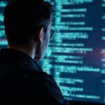 Persona ante pantalla con código y rostros difuminados. Representación visual de la IA toma de decisiones y vigilancia.