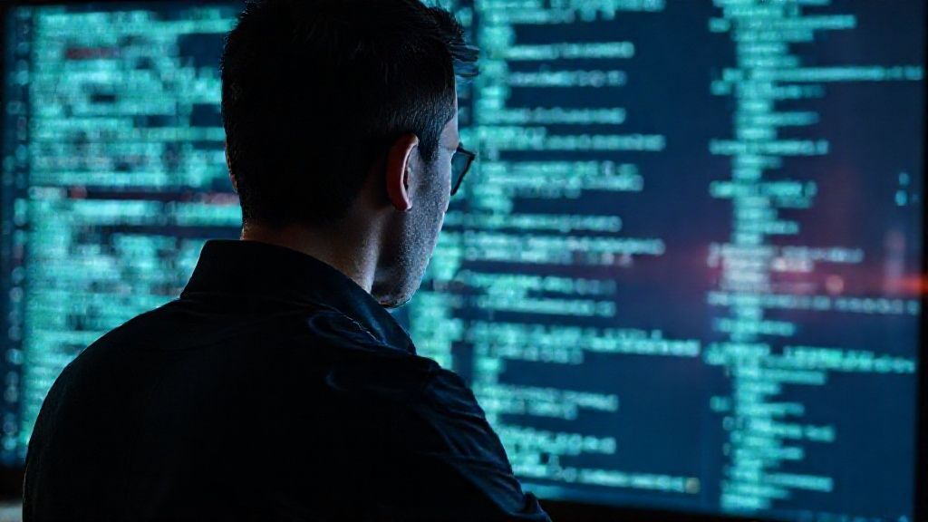 Persona ante pantalla con código y rostros difuminados. Representación visual de la IA toma de decisiones y vigilancia.