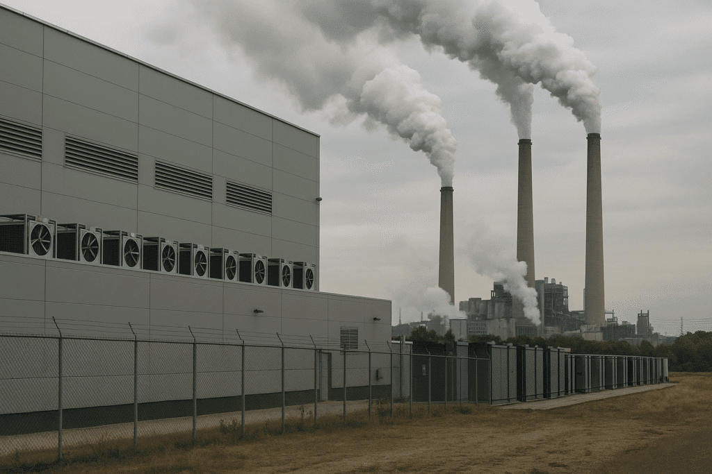 Planta industrial con grandes ventiladores y centros de datos, al fondo chimeneas emitiendo humo espeso, ilustrando el impacto ambiental de la IA y el consumo energético de la infraestructura tecnológica.