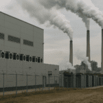 Planta industrial con grandes ventiladores y centros de datos, al fondo chimeneas emitiendo humo espeso, ilustrando el impacto ambiental de la IA y el consumo energético de la infraestructura tecnológica.