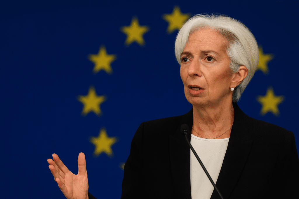 Christine Lagarde, presidenta del Banco Central Europeo, habla en una conferencia con la bandera de la Unión Europea de fondo, abordando los riesgos de frenar la inteligencia artificial en Europa.