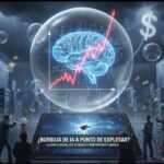 Ilustración conceptual de una gran burbuja que encierra un cerebro digital con una gráfica ascendente, representando la burbuja de la inteligencia artificial, rodeada de ejecutivos preocupados, billetes volando y símbolos económicos en un entorno tecnológico urbano.