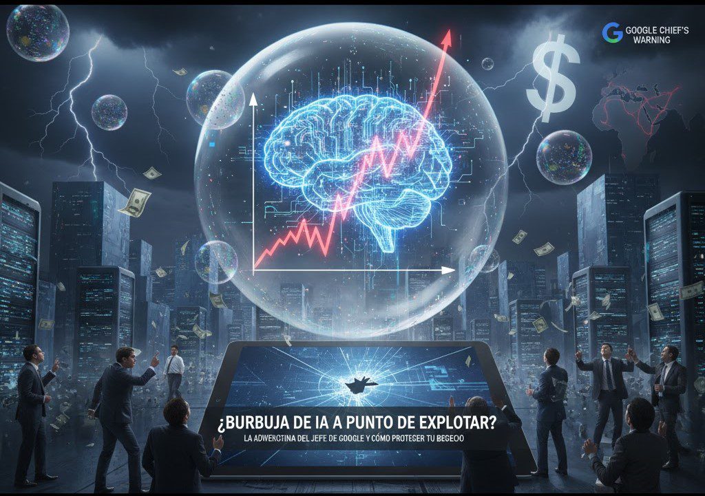 Ilustración conceptual de una gran burbuja que encierra un cerebro digital con una gráfica ascendente, representando la burbuja de la inteligencia artificial, rodeada de ejecutivos preocupados, billetes volando y símbolos económicos en un entorno tecnológico urbano.