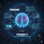 Representación digital de un cerebro conectado a múltiples pantallas con datos y gráficos, simbolizando las capacidades avanzadas de Gemini 3, la inteligencia artificial de Google.