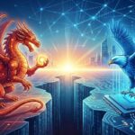 Ilustración conceptual de la rivalidad tecnológica en Inteligencia Artificial entre China y Occidente. Un dragón rojo hecho de circuitos a la izquierda y un águila azul sobre un microchip a la derecha se enfrentan separados por un abismo digital.