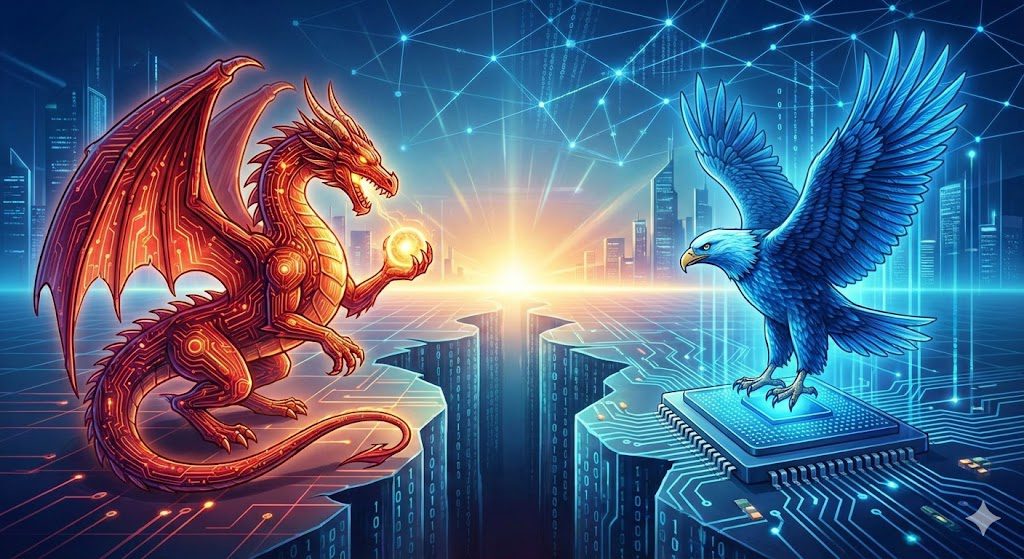 Ilustración conceptual de la rivalidad tecnológica en Inteligencia Artificial entre China y Occidente. Un dragón rojo hecho de circuitos a la izquierda y un águila azul sobre un microchip a la derecha se enfrentan separados por un abismo digital.
