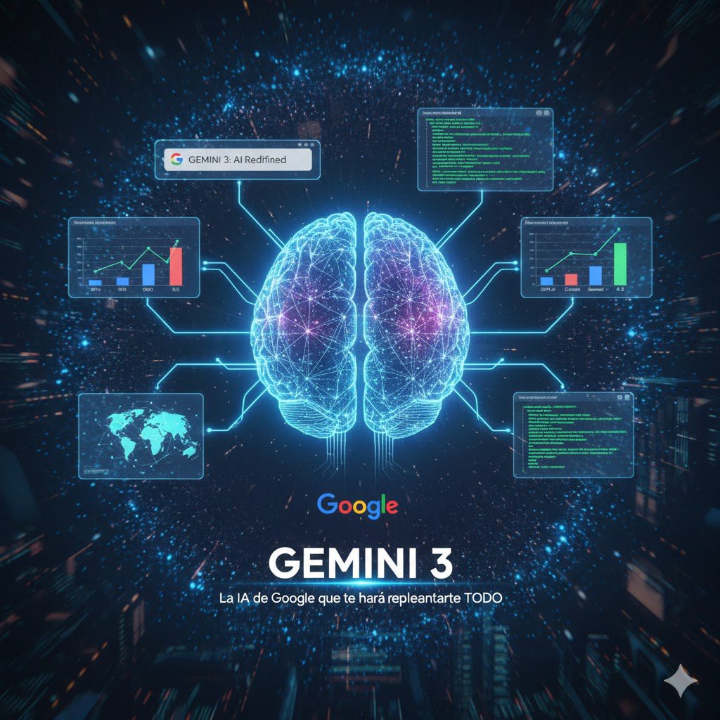 Representación digital de un cerebro conectado a múltiples pantallas con datos y gráficos, simbolizando las capacidades avanzadas de Gemini 3, la inteligencia artificial de Google.