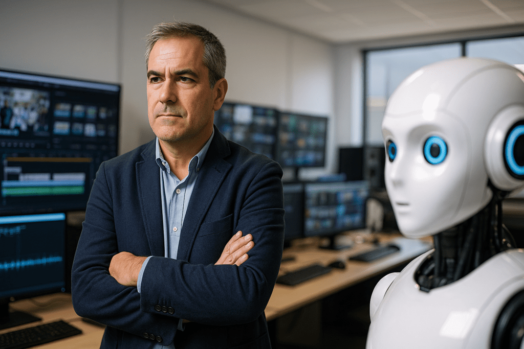 Directivo del sector audiovisual junto a un robot humanoide en un estudio de producción, representando cómo la IA cambiará los negocios y la industria creativa