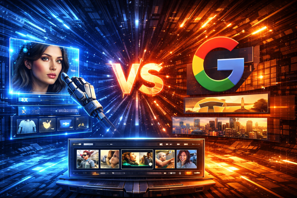 Ilustración futurista en formato 16:9 que representa la competencia entre modelos de generación de imágenes por IA, con una interfaz holográfica de edición visual, un rostro humano generado artificialmente y una estética tecnológica que simboliza el enfrentamiento entre OpenAI y Google en inteligencia artificial generativa.