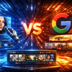 Ilustración futurista en formato 16:9 que representa la competencia entre modelos de generación de imágenes por IA, con una interfaz holográfica de edición visual, un rostro humano generado artificialmente y una estética tecnológica que simboliza el enfrentamiento entre OpenAI y Google en inteligencia artificial generativa.