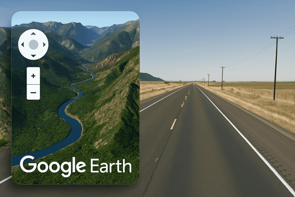 Vista comparativa de una carretera real y una representación 3D en Google Earth, mostrando el contraste entre la exploración virtual y el paisaje real.