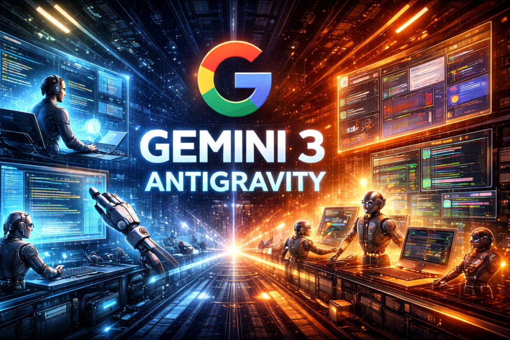 Ilustración futurista en formato 16:9 que muestra el ecosistema de Gemini 3 de Google, con desarrolladores humanos y agentes robóticos interactuando en un entorno de programación avanzado, pantallas holográficas, flujos de código y una estética tecnológica que representa la orquestación agéntica y el desarrollo de inteligencia artificial de nueva generación.