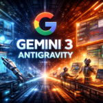 Ilustración futurista en formato 16:9 que muestra el ecosistema de Gemini 3 de Google, con desarrolladores humanos y agentes robóticos interactuando en un entorno de programación avanzado, pantallas holográficas, flujos de código y una estética tecnológica que representa la orquestación agéntica y el desarrollo de inteligencia artificial de nueva generación.