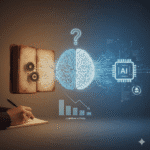 Representación visual del impacto de la inteligencia artificial en el pensamiento humano, con un cerebro conectado entre un libro antiguo y un chip de IA, simbolizando la transición del conocimiento tradicional a la automatización digital y el concepto de deuda cognitiva.