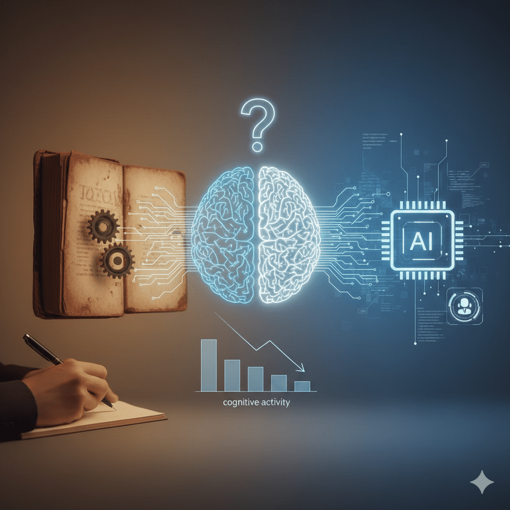 Representación visual del impacto de la inteligencia artificial en el pensamiento humano, con un cerebro conectado entre un libro antiguo y un chip de IA, simbolizando la transición del conocimiento tradicional a la automatización digital y el concepto de deuda cognitiva.