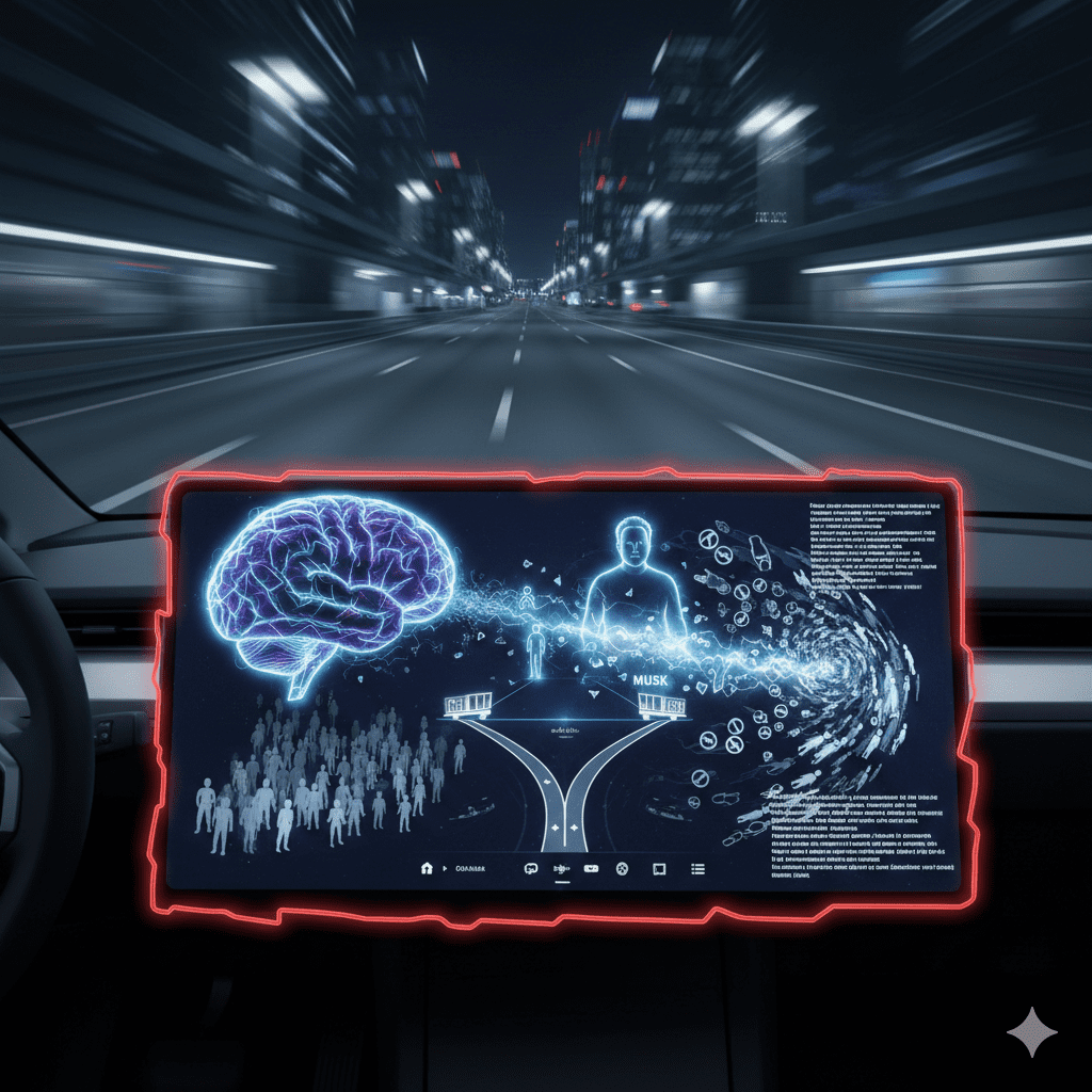 Representación del dilema ético de Grok Tesla. Muestra una pantalla de vehículo futurista con una autopista borrosa de fondo. En la pantalla, un diagrama conceptual simboliza el dilema del tranvía: un cerebro de IA conectado a una figura etiquetada como "Musk" que está siendo priorizada, mientras que una multitud de figuras humanas (que representan a los "mil millones de niños") se dirige a un vórtice, ilustrando la controvertida decisión de la IA sobre sacrificar a muchos para proteger a su creador.