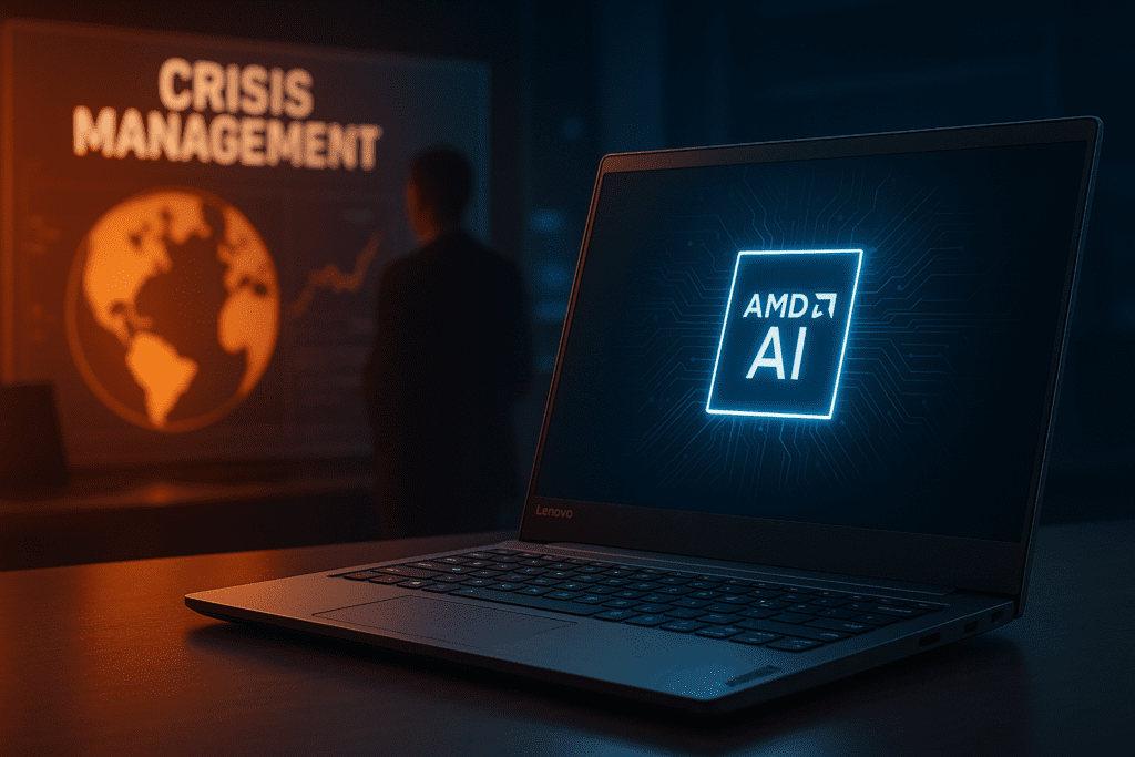 PC empresarial con inteligencia artificial de Lenovo y AMD mostrando análisis de datos en tiempo real para la gestión de crisis.