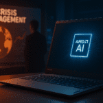 PC empresarial con inteligencia artificial de Lenovo y AMD mostrando análisis de datos en tiempo real para la gestión de crisis.