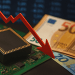 Chip de memoria sobre una placa base con una flecha descendente de precios y billetes en euros, simbolizando la crisis de chips provocada por la demanda de la inteligencia artificial.