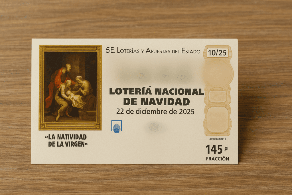 Boleto de la Lotería de Navidad sobre una mesa de madera, con los números totalmente difuminados y sin posibilidad de distinguirse