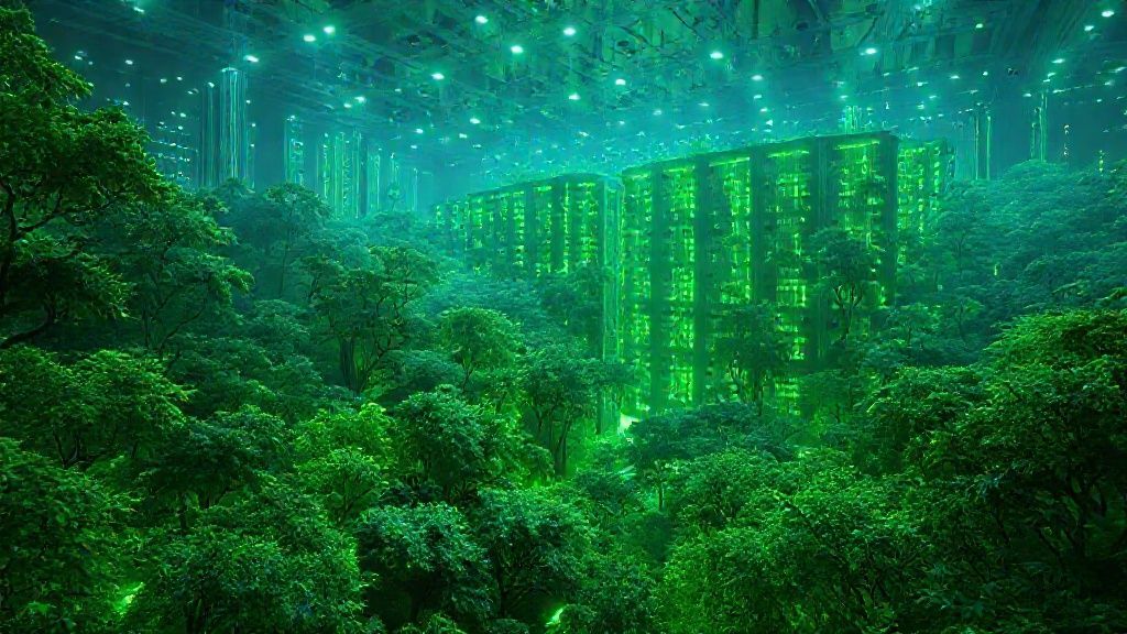 Representación conceptual de la huella de carbono de la inteligencia artificial mostrando servidores envueltos en naturaleza verde y circuitos de energía limpia.