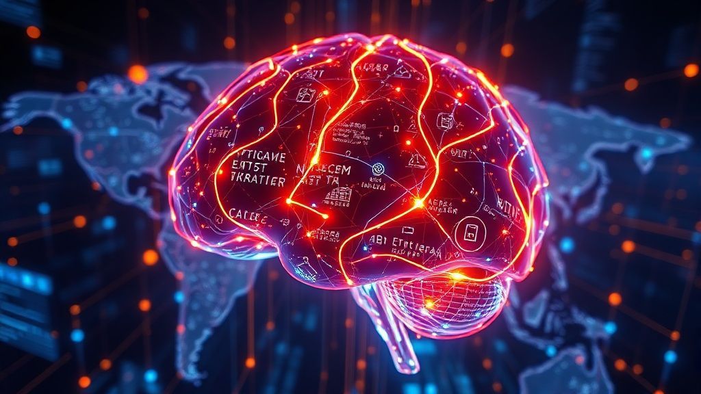 Ilustración cinematográfica de una red neuronal digital conectando el globo terráqueo para el programa The Core de Al Jazeera.