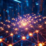 Visualización artística de una red neuronal de IA causal interactuando con una estructura atómica de un material superconductor avanzado en un entorno digital.