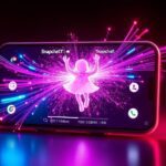 Primer plano de un smartphone utilizando la función Animate It de Snapchat para animar un retrato con efectos de luz neón y movimiento fluido.
