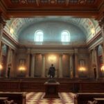 Representación conceptual de la intersección entre la tecnología financiera y el marco legal con iconos de circuitos y balanzas de justicia.