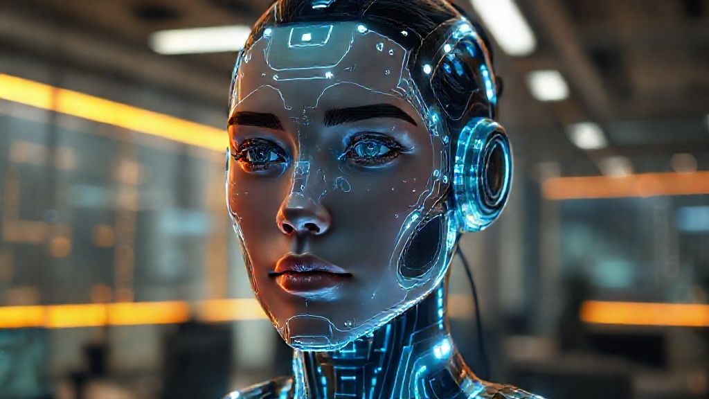 Avatar de inteligencia artificial interactivo con apariencia humana realista proyectado en una interfaz digital futurista