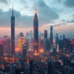 Representación conceptual de la industria de inteligencia artificial en China mostrando una ciudad futurista conectada por redes digitales.