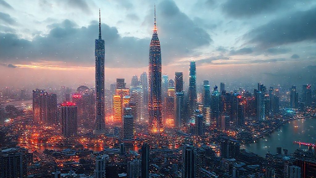 Representación conceptual de la industria de inteligencia artificial en China mostrando una ciudad futurista conectada por redes digitales.