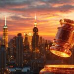 Representación artística de la ciudad de Nueva York integrada con redes neuronales digitales y un mazo de justicia, ilustrando la Ley RAISE sobre IA.