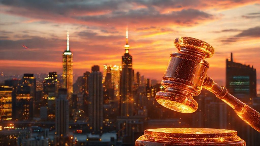 Representación artística de la ciudad de Nueva York integrada con redes neuronales digitales y un mazo de justicia, ilustrando la Ley RAISE sobre IA.