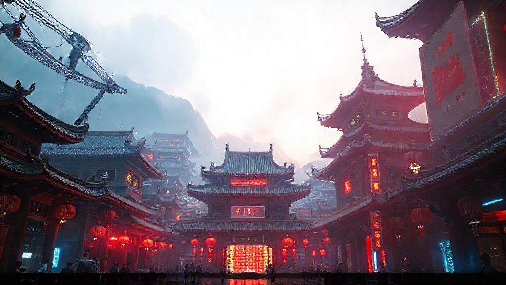 Representación artística de la convergencia entre el cine tradicional chino y la tecnología de inteligencia artificial avanzada en un set de filmación futurista.