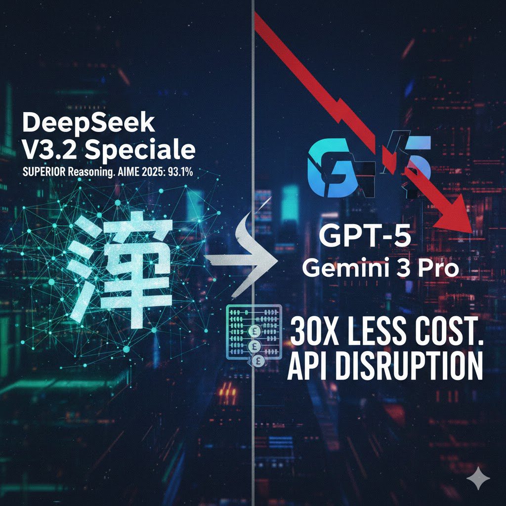 Gráfico comparativo de DeepSeek V3.2 Speciale superando a GPT-5 en rendimiento y demostrando un ahorro de coste 30 veces mayor en su API, gracias a la arquitectura MoE.