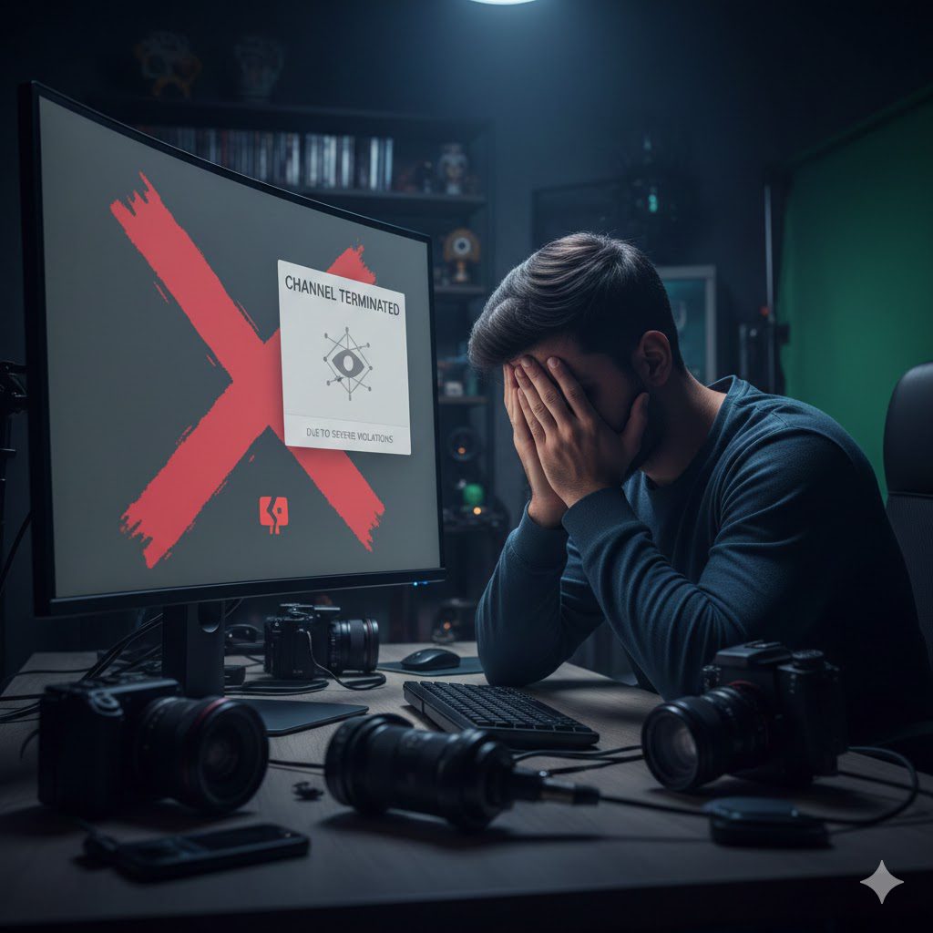 Creador de contenido con las manos en la cara frente a una pantalla que muestra un aviso de "canal terminado", rodeado de cámaras y equipo profesional, representando el impacto emocional del baneo masivo YouTube IA por errores de inteligencia artificial.
