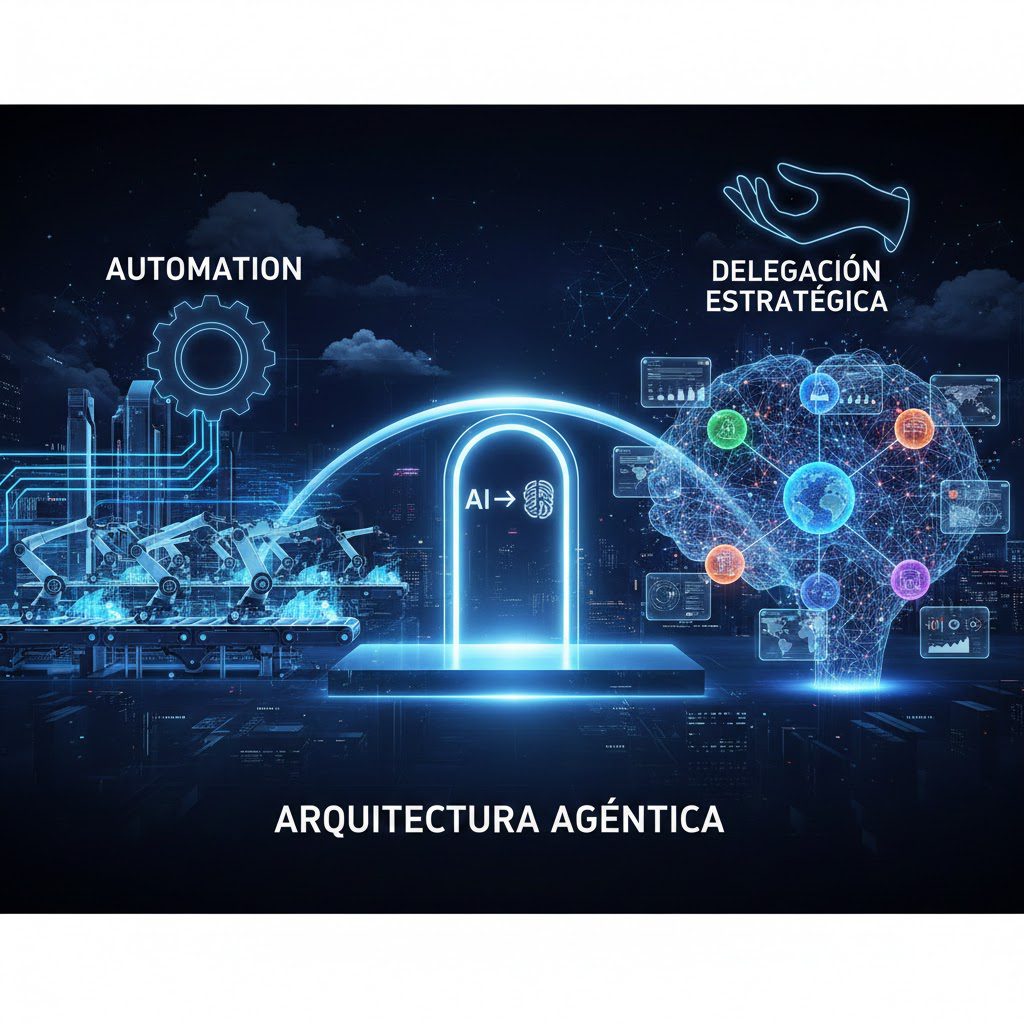 Diagrama conceptual que ilustra la transición de la "AUTOMATIZACIÓN" (engranajes y brazos robóticos) a la "DELEGACIÓN ESTRATÉGICA" (una mano guiando), con un portal que representa la "Arquitectura Agéntica" que conduce a un cerebro de IA interconectado con nodos de conocimiento global.