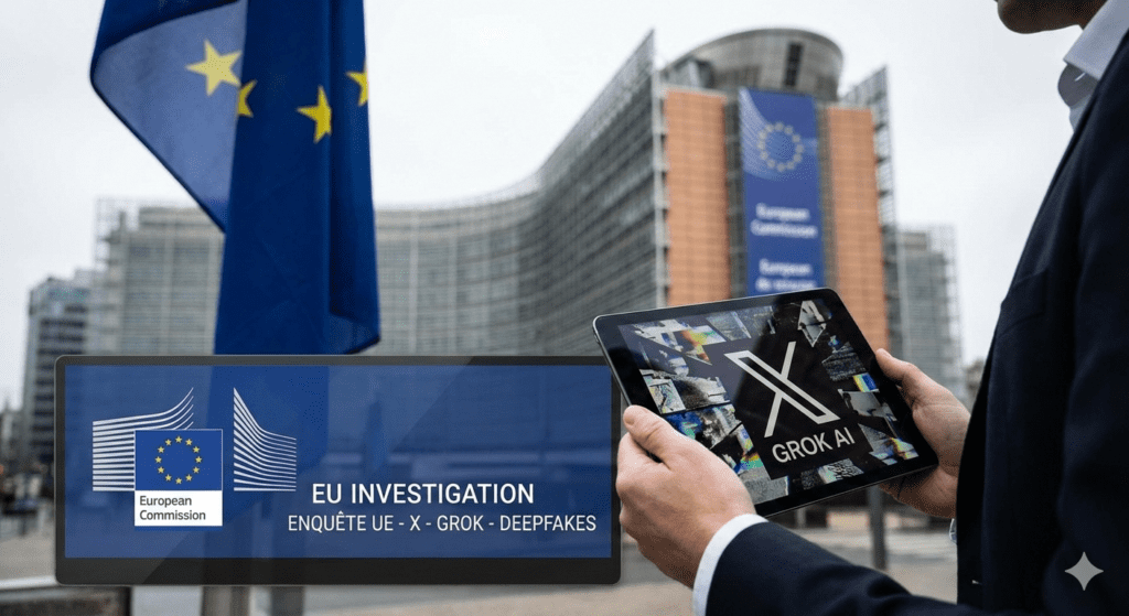 Una imagen que muestra la sede de la Comisión Europea en Bruselas con la bandera de la UE. En primer plano, un hombre sostiene una tableta con el logotipo de X y 'GROK AI', con un gráfico superpuesto que anuncia "EU INVESTIGATION ENQUÊTE UE - X - GROK - DEEPFAKES