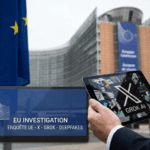 Una imagen que muestra la sede de la Comisión Europea en Bruselas con la bandera de la UE. En primer plano, un hombre sostiene una tableta con el logotipo de X y 'GROK AI', con un gráfico superpuesto que anuncia "EU INVESTIGATION ENQUÊTE UE - X - GROK - DEEPFAKES