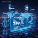 "Infografía futurista en 3D que muestra el lanzamiento de la suscripción Google AI Plus en 2026. Se destaca un precio de 7,99 $al mes frente a los 20$ de la competencia (OpenAI y Anthropic), junto a un mapa mundial, los logos de Google Workspace y una referencia al modelo de generación de imágenes Nano Banana Pro.