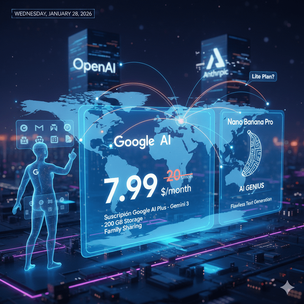 "Infografía futurista en 3D que muestra el lanzamiento de la suscripción Google AI Plus en 2026. Se destaca un precio de 7,99 $al mes frente a los 20$ de la competencia (OpenAI y Anthropic), junto a un mapa mundial, los logos de Google Workspace y una referencia al modelo de generación de imágenes Nano Banana Pro.