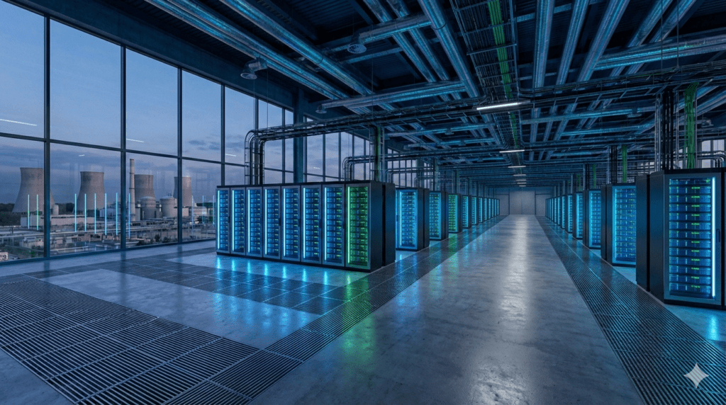 Interior de un centro de datos masivo y futurista con filas de servidores iluminados en azul y verde, ilustrando la escala de la infraestructura 'Meta Compute' para inteligencia artificial. Grandes ventanales revelan una central nuclear y torres de refrigeración al atardecer, subrayando la enorme demanda energética y la inversión estratégica descrita en el artículo.