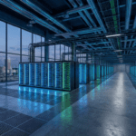 Interior de un centro de datos masivo y futurista con filas de servidores iluminados en azul y verde, ilustrando la escala de la infraestructura 'Meta Compute' para inteligencia artificial. Grandes ventanales revelan una central nuclear y torres de refrigeración al atardecer, subrayando la enorme demanda energética y la inversión estratégica descrita en el artículo.