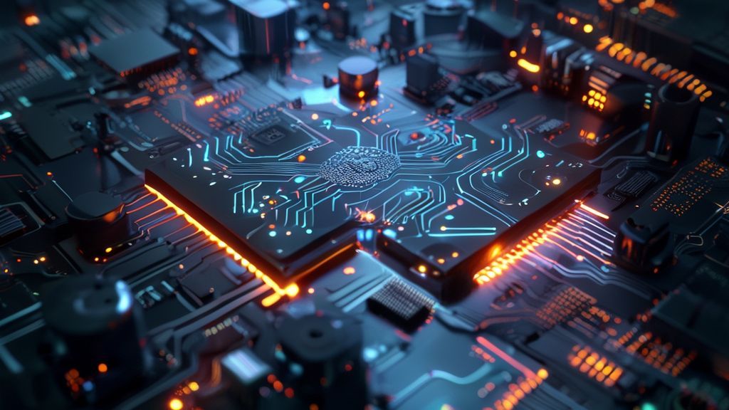Un procesador avanzado de Biren Technology iluminado con luces LED azules y doradas sobre una placa base futurista de alta tecnología.
