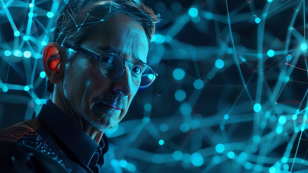 Retrato artístico y futurista de Satya Nadella rodeado de interfaces digitales y representaciones de redes neuronales de inteligencia artificial