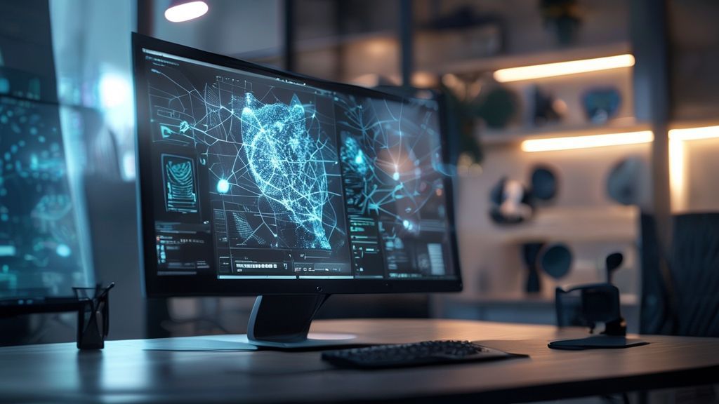 Fotografía profesional de una estación de trabajo tecnológica que muestra software de IA generativa en un entorno corporativo de Disney.