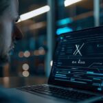 Primer plano de una interfaz de inteligencia artificial en una oficina moderna, sugiriendo el debate ético sobre Grok de Elon Musk.